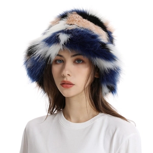 Detailed close-up of a women's camouflage faux fur bucket hat in vibrant mixed colors