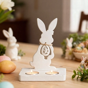 Close-up of a white wooden Easter bunny candle holder with two tea lights and rustic jute rope