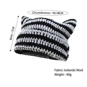 Handmade striped crochet beanie with cat ears made of warm Icelandic wool for women