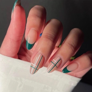 Glossy Almond Press On Nails Dark Green French Tip White Grid Lines Artificial False Nails For Women Daily Wear
