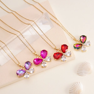 Fashionable gold butterfly pendant necklace set with colorful zircon stones for women