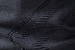 Macro shot of black knit fabric showing the intricate breathable texture and patterns