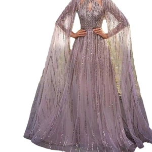 Detail of purple sequin evening gown with mesh cape sleeves and cutout neckline