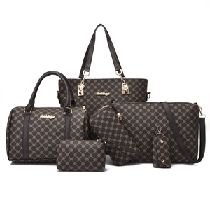 Brown geometric floral print 6-piece handbag set including tote and crossbody bags