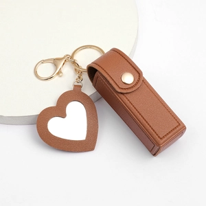 Brown PU leather heart mirror keychain with lipstick pouch and golden metal clasp