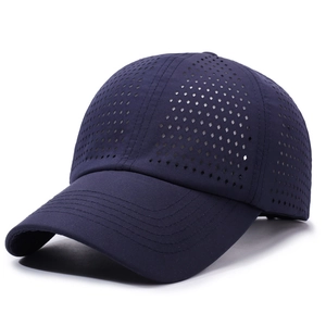 Navy quick-dry baseball cap with laser-cut diamond vents and curved brim for sun protection