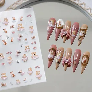 Autocollants D'art D'ongle Gaufrés 5D Ours Dessin Animé Ballet Musique Fleur Noeud Papillon Relief 3D Décalcomanies Auto-Adhésives DIY