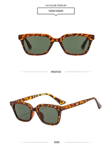 Detail view of retro square tortoise frame sunglasses with dark green lenses in dual angles