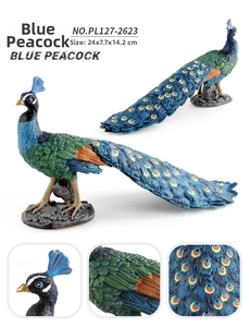 Detailed views of a blue peacock model showing dimensions 24x7.7x14.2cm and feather textures