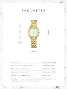 Detailed parameter diagram for gold square quartz watch with 28mm dial and metal band