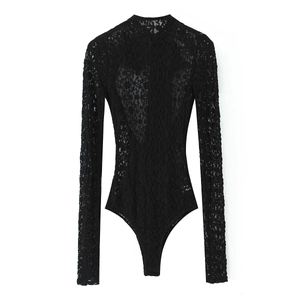 Women Black Lace Bodysuit And Mini Skirt Floral See Through Long Sleeve High Neck Back Bow Satin Elegant Sexy Outfit