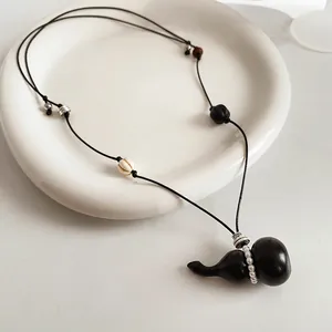 Vintage Wood Gourd Pendant Long Necklace With Faux Artificial Pearl And Alloy Beads Zen Style Ethnic Sweater Chain For Women