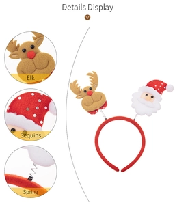Detailed view of Christmas headband featuring sequins, plush elk and spring-mounted Santa