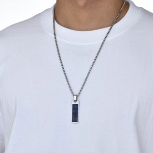 Lapis lazuli style rectangular pendant with gold flecks on silver snake chain