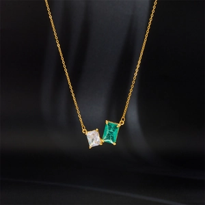 Elegant gold titanium steel necklace with clear zircon and emerald green square crystals