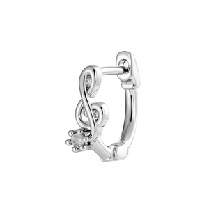 Minimalist silver musical note hoop earring with small gemstone flower accent