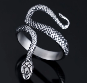Gros plan d'une bague serpent punk avec écailles détaillées et finition argent vieilli
