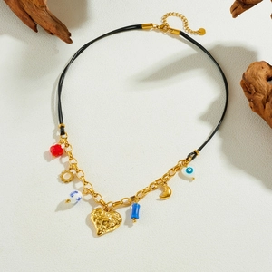 Vintage gold heart pendant necklace with mixed beads and black cord chain for women