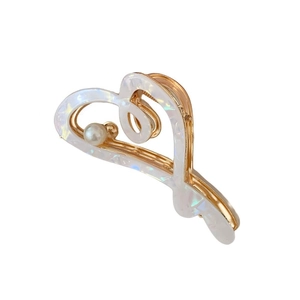 Elegant gold metal heart shark hair claw clip with pearl and iridescent acetate finish