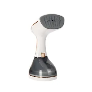 Portable handheld steamer in white and rose gold with transparent water tank