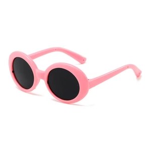 Pink round frame sunglasses for small pets with dark lenses on a white background