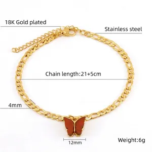 Detail view of 18K gold plated butterfly anklet with 21+5cm chain dimensions