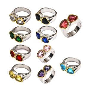 Chic 18k gold plated titanium rings with heart shaped gemstones in ten assorted colors