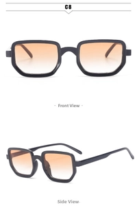 Front and side view of thick square black sunglasses with orange gradient lenses
