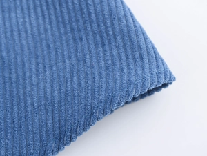 Macro shot of blue corduroy fabric texture showing fine ribbed velvet pattern detail