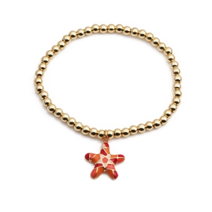 Goldenes Perlenarmband mit einem rot-orangefarbenen Emaille-Seestern-Anhänger für Damen