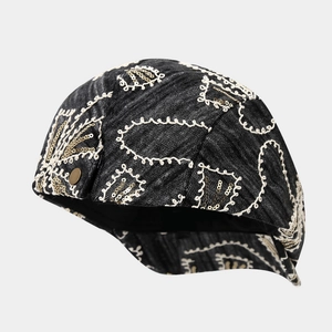 Fashionable denim beret hat with white floral embroidery and gold sequins for women