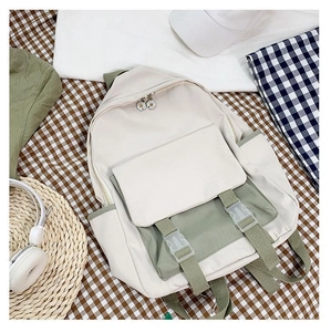 Detail of white and light green canvas backpack with sunflower zipper and double buckle