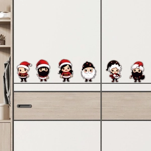 Cartoon Christmas wall stickers featuring Santa Claus and elves on white cabinet doors