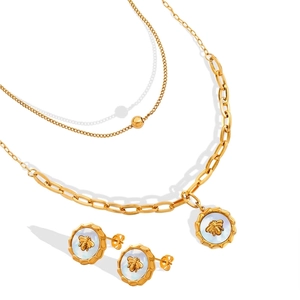 Bienen Anhänger Doppelschichtige Halskette Und Perlmutt Ohrringe Titanstahl Vintage Schmuck Für Damen