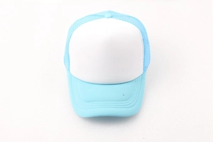 Front view of light blue and white mesh trucker hat with blank foam front panel