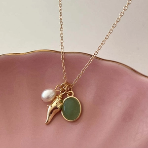 French vintage gold shell necklace with pearl and green aventurine stone pendant