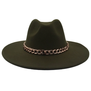 Detail of wide-brimmed olive wool fedora featuring a shiny rose gold metal chain band