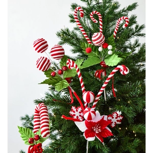 Red and white Christmas candy cane pick set with poinsettia flower for tree decor