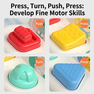 Pop-up cause-and-effect toy with push, press, turn, and slide buttons for fine motor skills