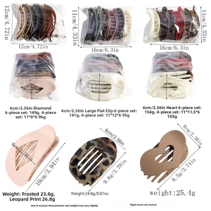 Detailed view of leopard print hair claw clips and matte flat hairpins set with measurements