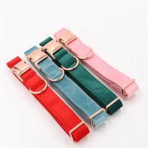 Detailed set of velvet pet collars in four colors with luxury rose gold metal buckles