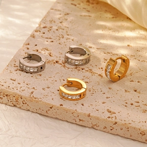 Stainless Steel Hoop Earrings Inlaid Cubic Zirconia Minimalist Fashion Round Huggie Jewelry For Women