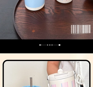 Detail of insulated straw tumbler featuring adjustable shoulder strap and carry handle