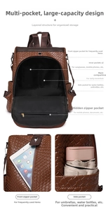 Detail view of brown woven backpack showing multi-pocket design and internal storage
