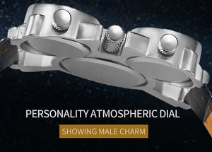 Macro side view of Oulm sports watch showing silver metal case and triple side buttons