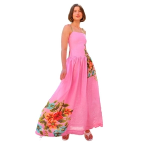 Elegant pink floral maxi dress with spaghetti straps and open back for 2025 summer season