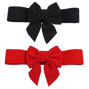 Elastic waist belt for women with large 3D bowknot in classic black and bright red