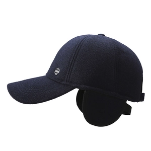 Winter fleece baseball cap for elderly men with earflaps in navy wool blend