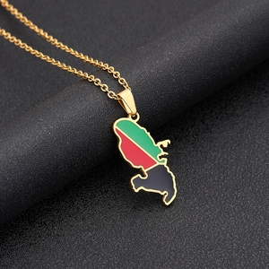 Gold stainless steel Martinique map necklace with colorful enamel on a black display stand
