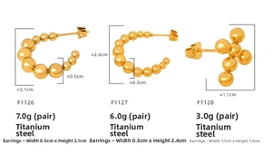 Three 18k gold-plated titanium steel bead earrings shown with dimensions and weights